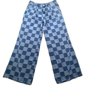 Patchwork Wide Leg Jeans Womens 10 Checkerboard Denim Streetwear Y2K 90s Retro